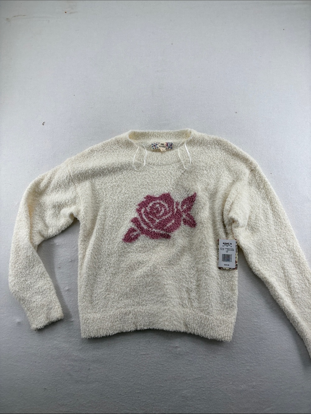 Pink Republic Cream Crewneck Sweater with Pink Rose Motif